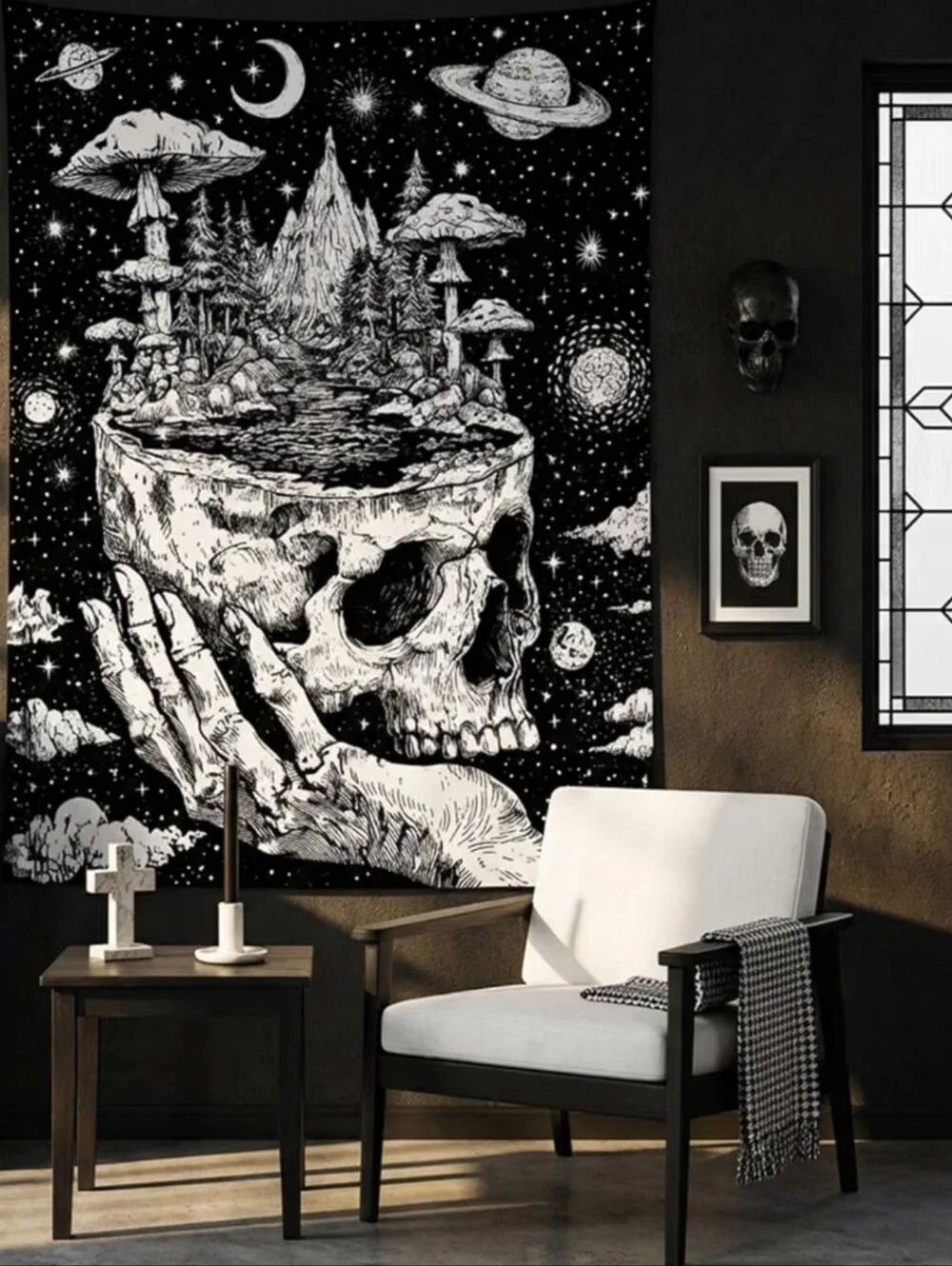 Hand Holding Skull Black White Mushroom Moon Dark Fantasy Goth Big Wall Tapestry